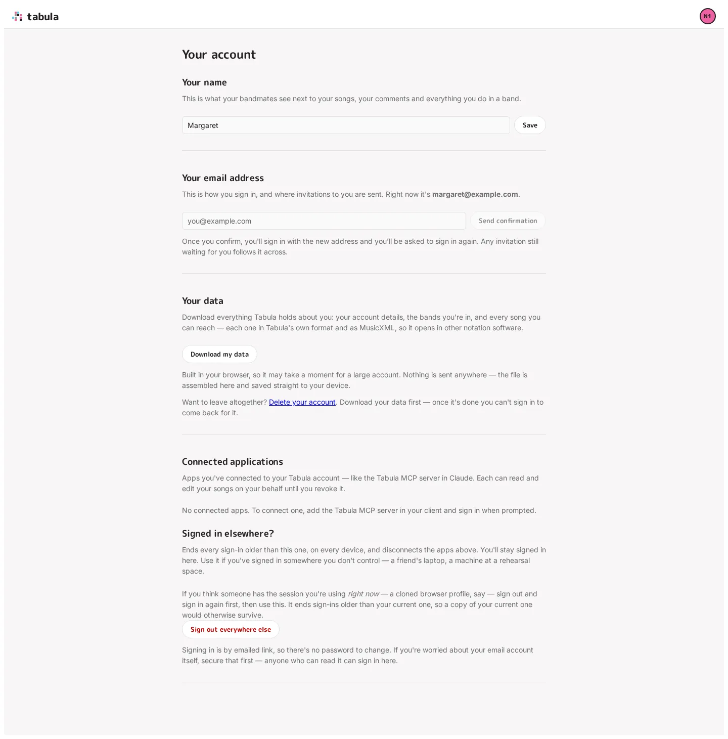 The Your account page
