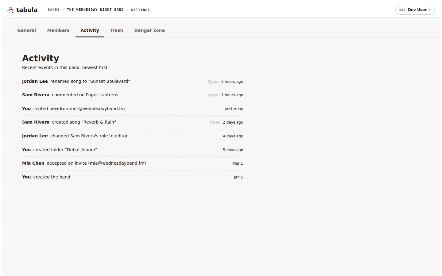 The activity feed in band settings