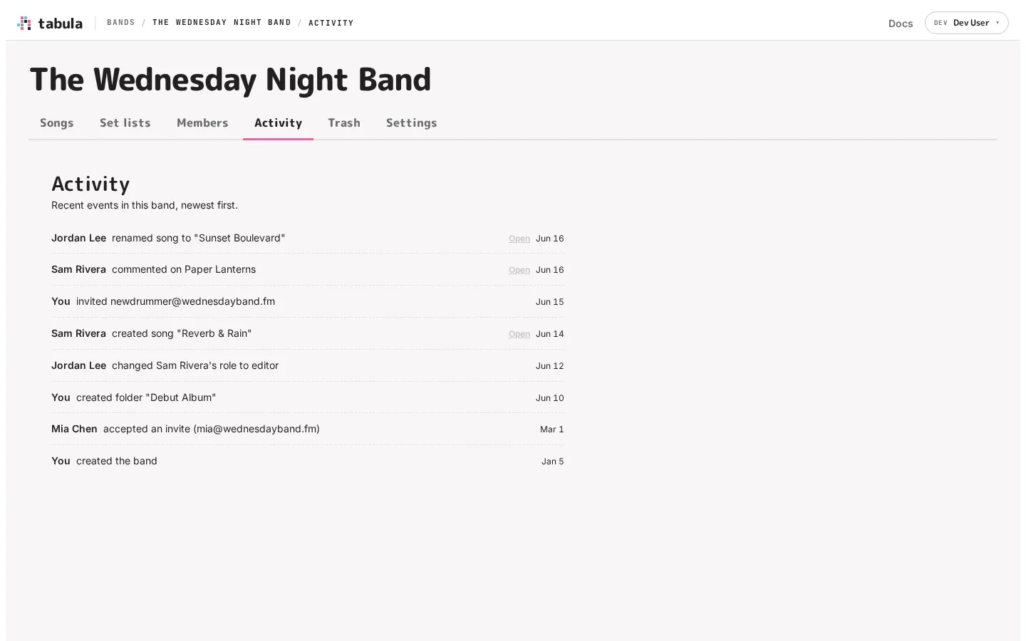 A band's activity feed