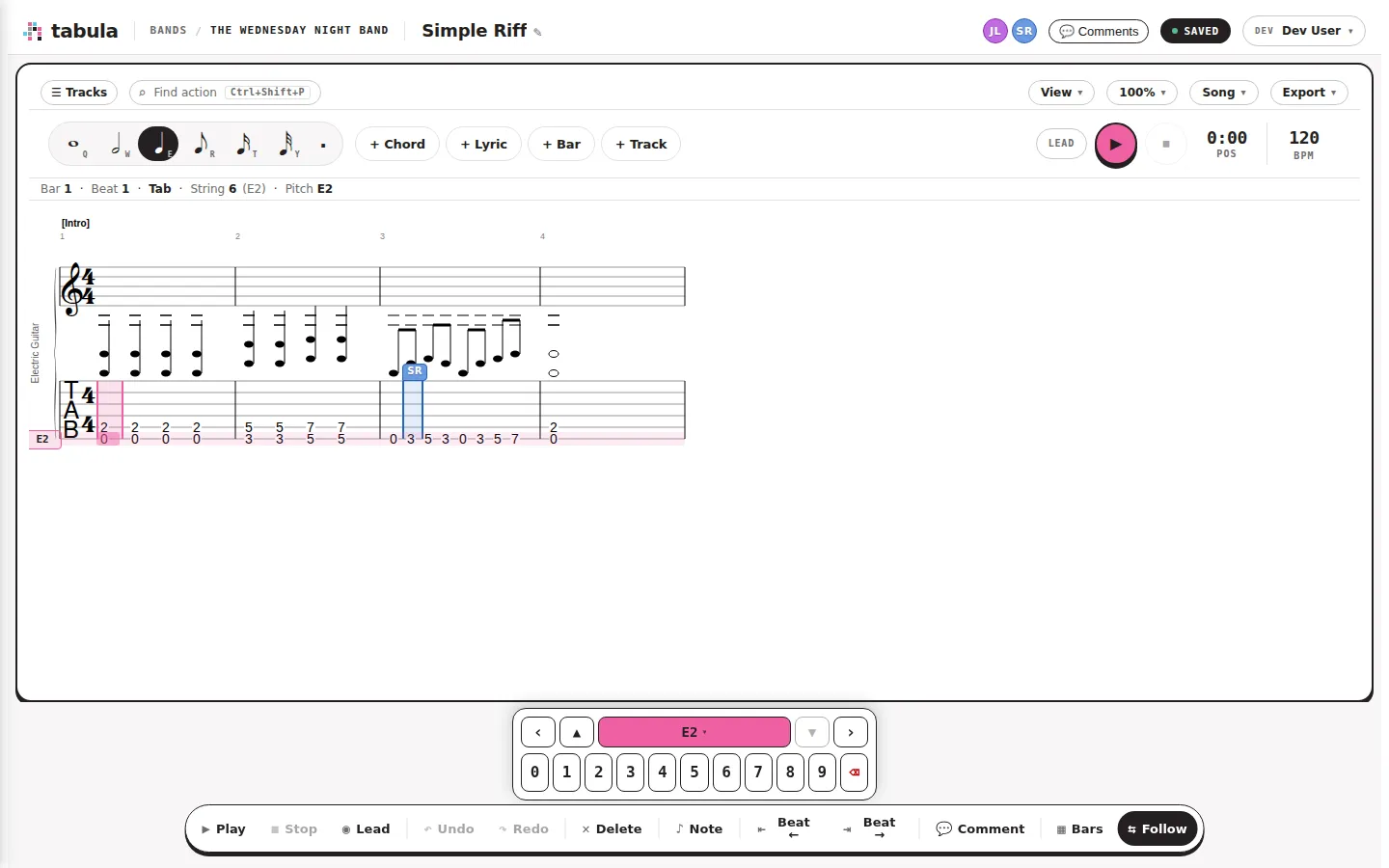 Two collaborators present in a song, with a live peer cursor on the score