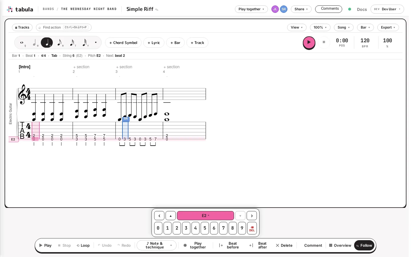 Two collaborators present in a song, with a live peer cursor on the score