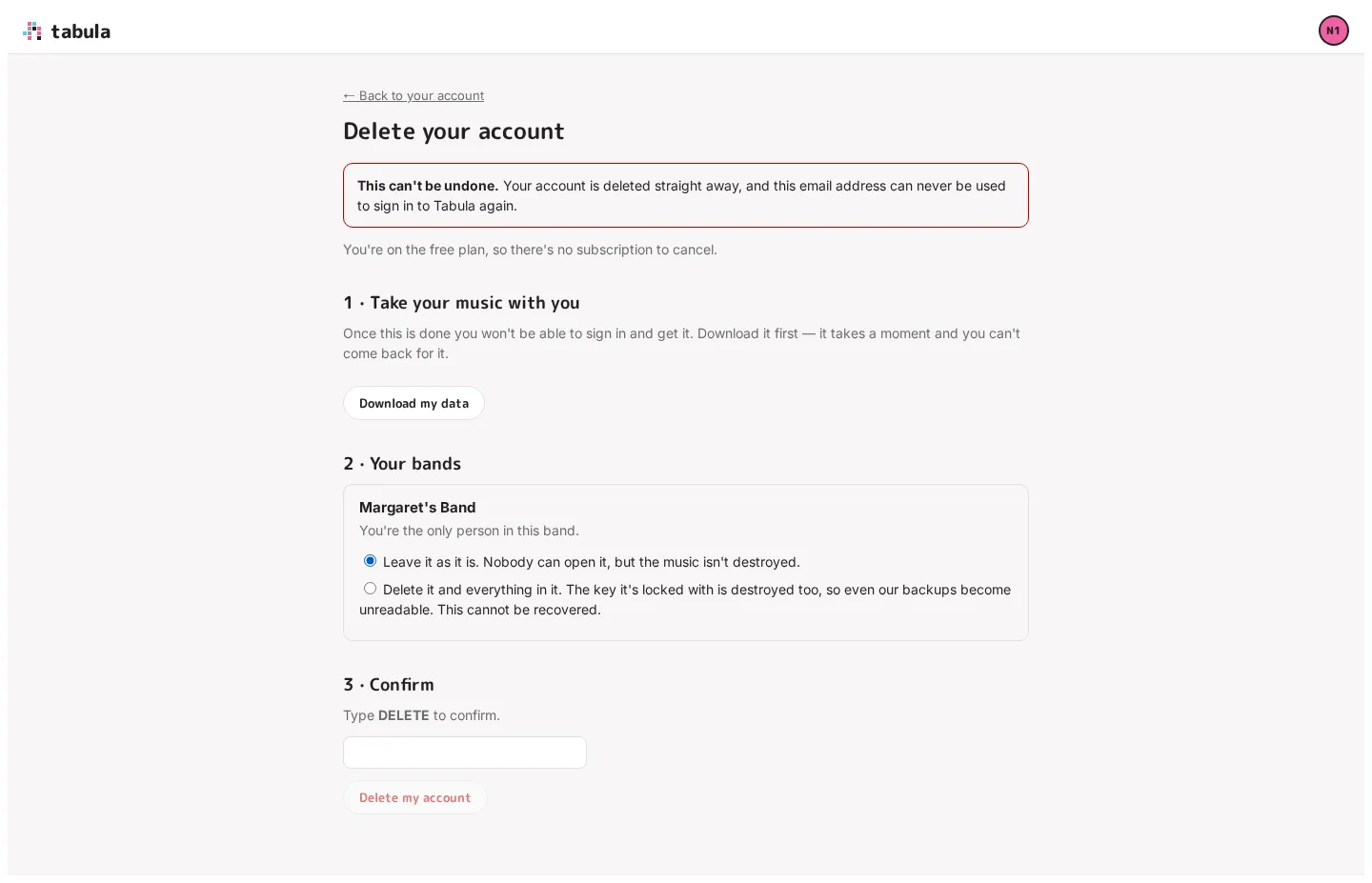 The Delete your account page