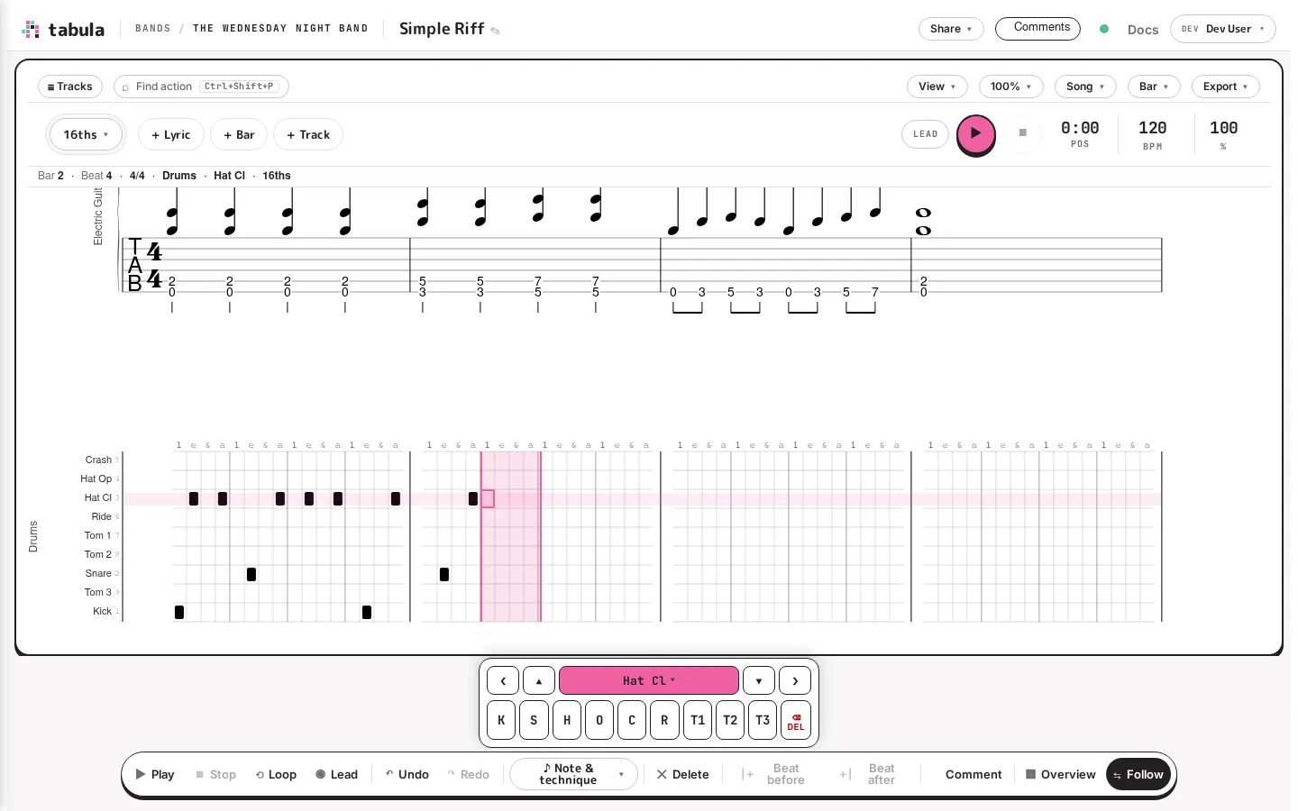 A drum track shown as a grid, with kit rows down the side and a groove written in