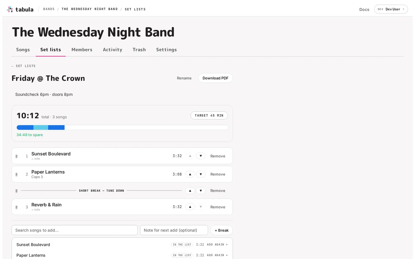 A set list with songs, a break, and timings