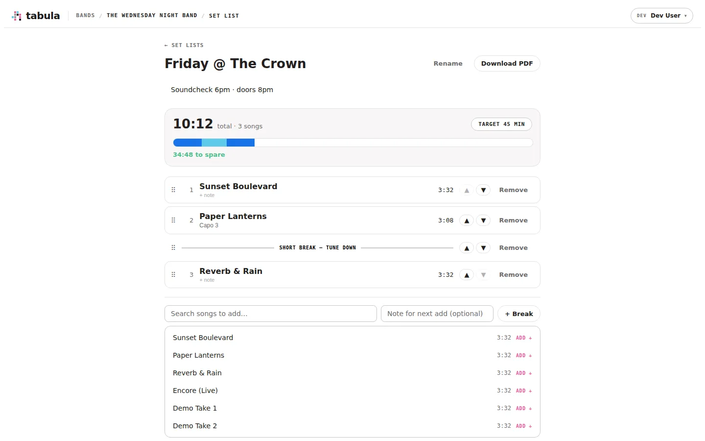 A set list with songs, a break, and timings