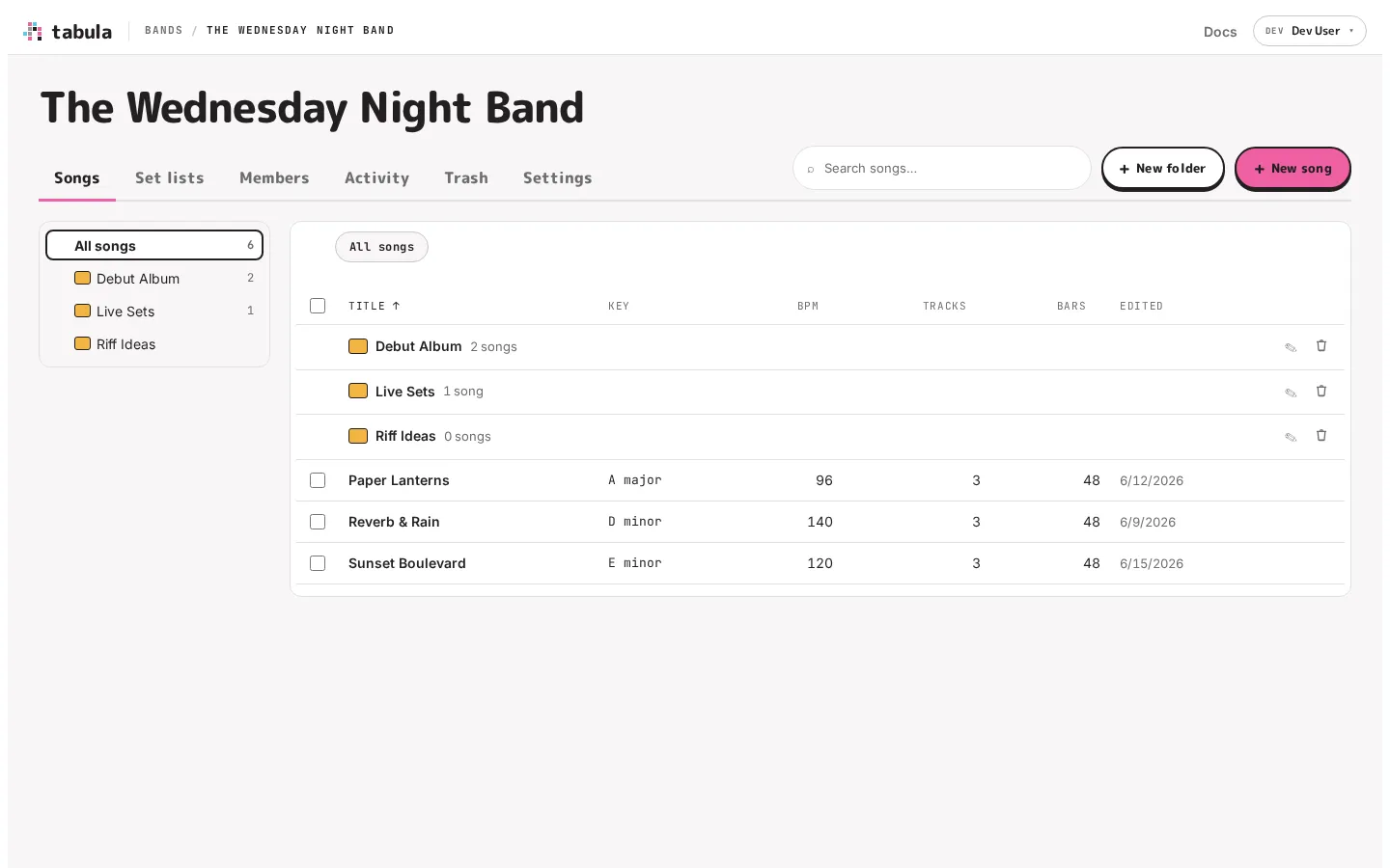 A band's song library with folders and songs