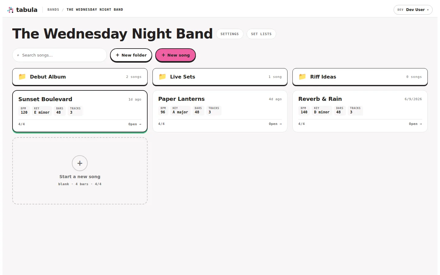 A band's song library with folders and songs